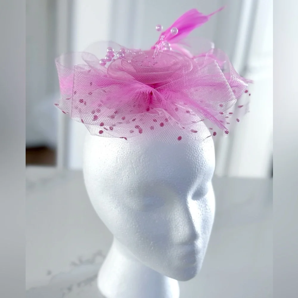 Pink Floral Mesh Fascinator Hair Clip NEW
